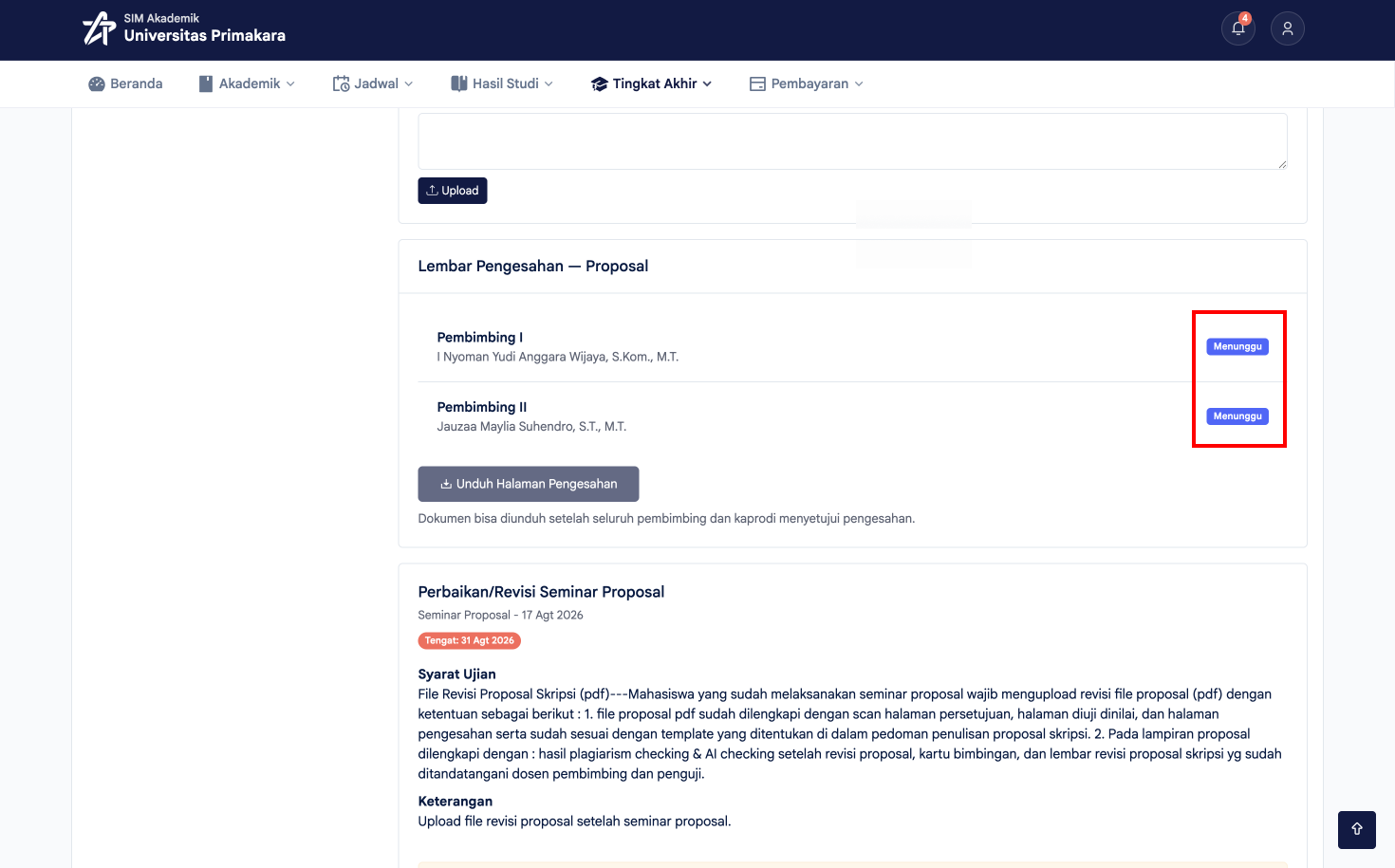 Status Menunggu pada Lembar Pengesahan