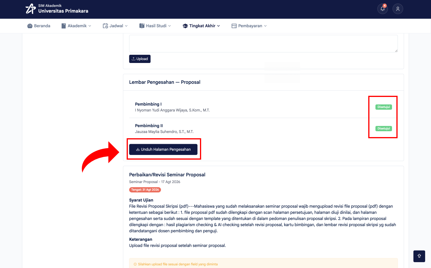 Status Disetujui dan klik tombol Unduh Halaman Pengesahan