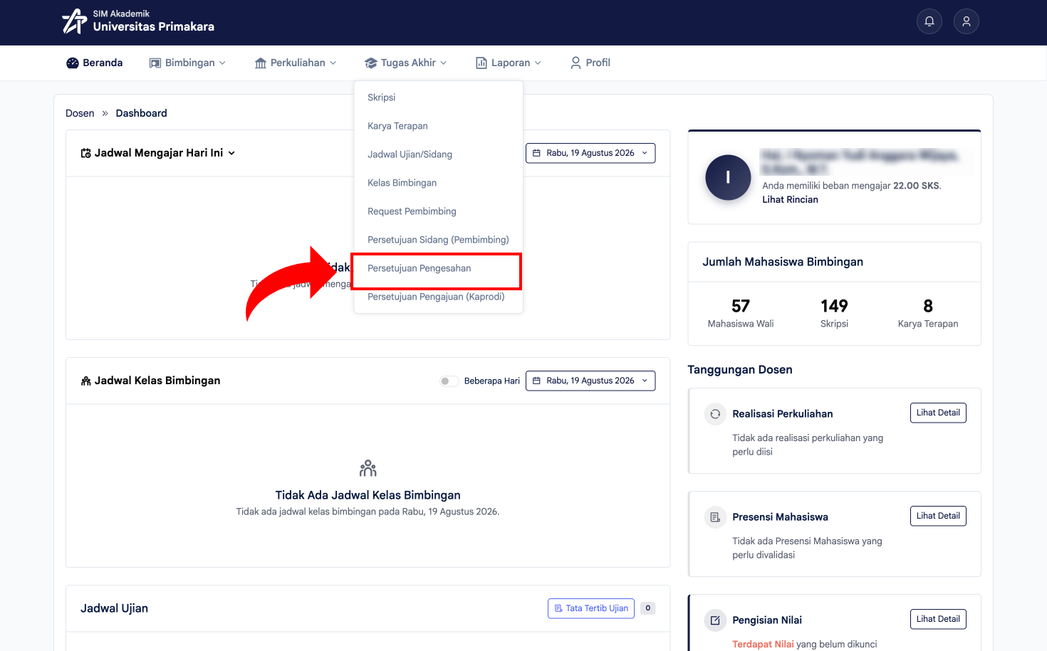 Memilih menu Persetujuan Pengesahan pada Tugas Akhir
