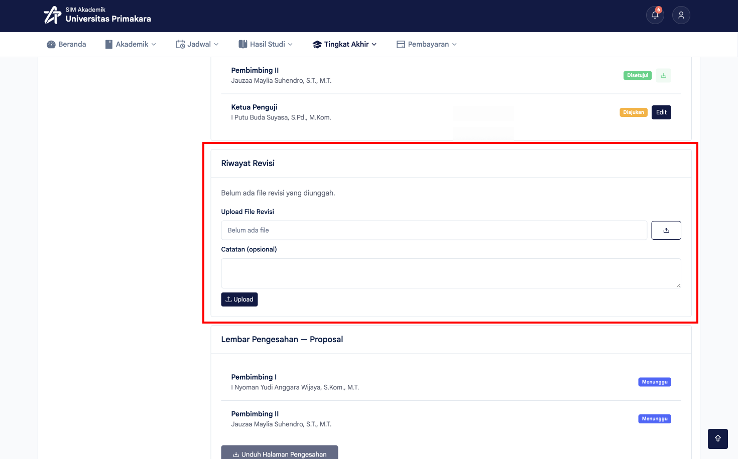 Tampilan default Riwayat Revisi dan form Upload File Revisi