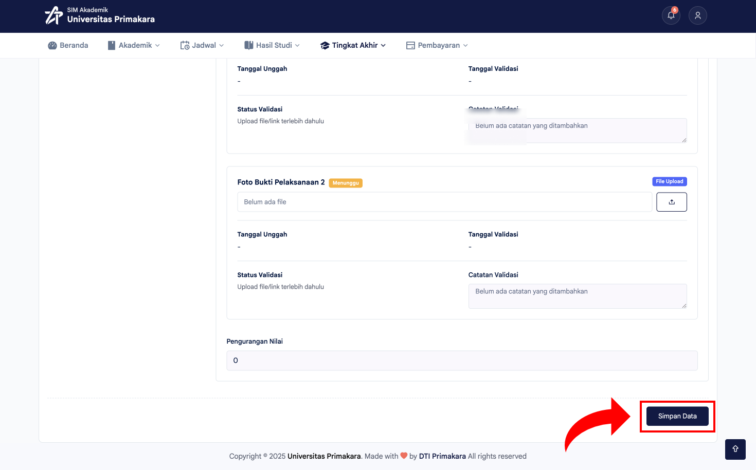 Melengkapi seluruh kolom syarat revisi lalu Simpan Data