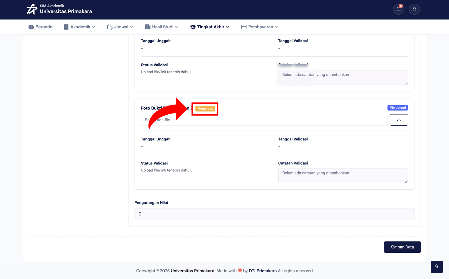 Status Menunggu pada kolom syarat revisi