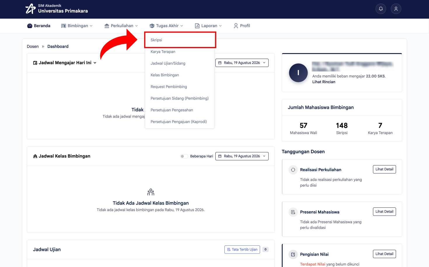 Memilih menu Skripsi pada Tugas Akhir