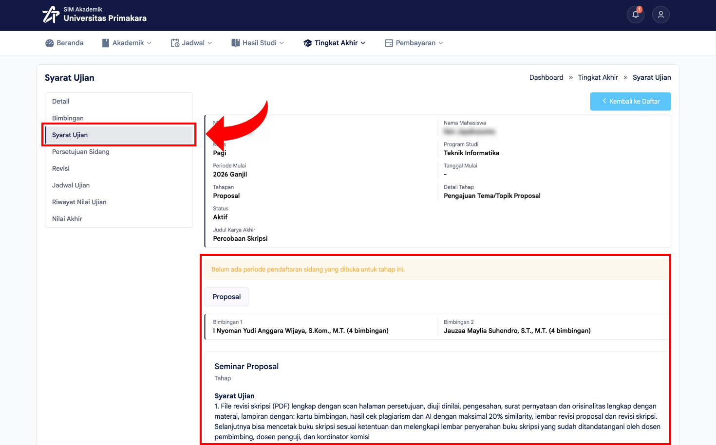 Membuka menu Syarat Ujian dari detail skripsi