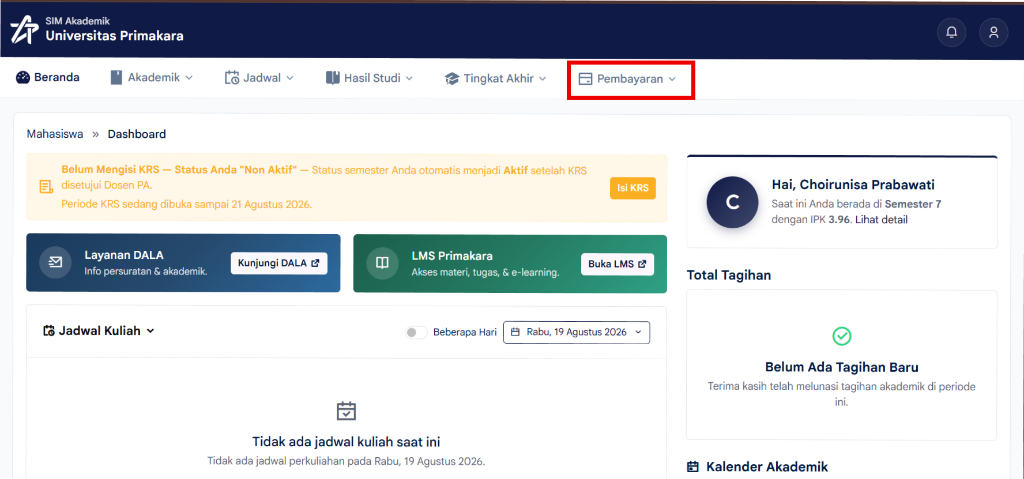 Menu Pembayaran pada Navigasi SISKA