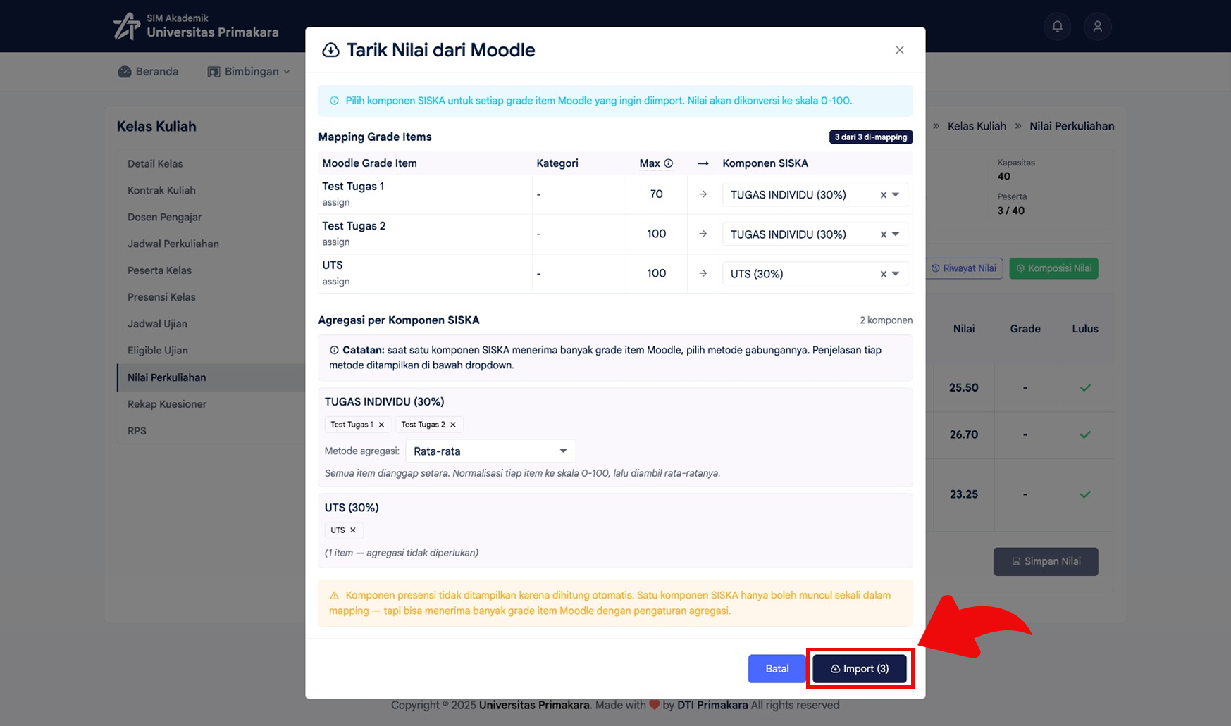 Mapping nilai Moodle ke komponen SIAK