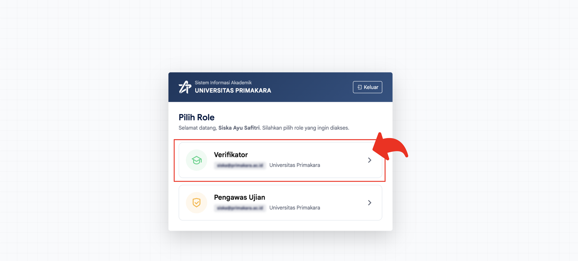 Memilih role Verifikator pada halaman Pilih Role