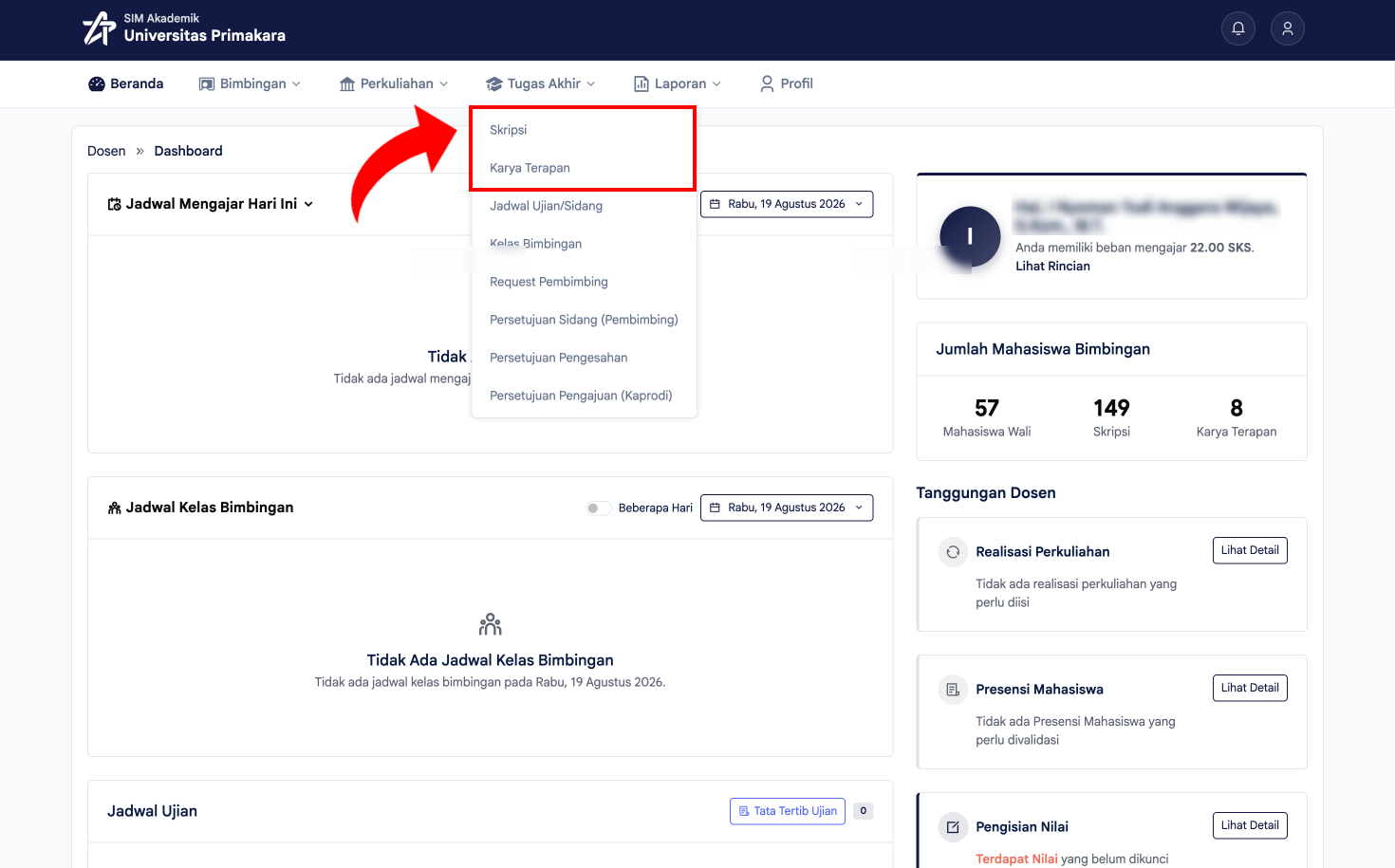 Memilih menu Skripsi atau Karya Terapan pada Tugas Akhir