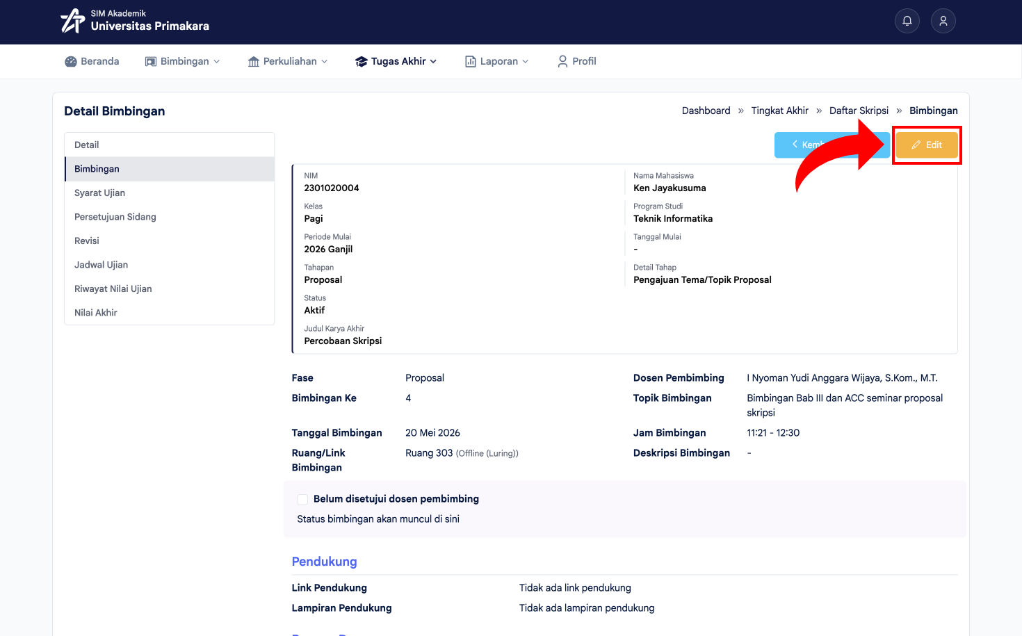 Klik tombol Edit pada Detail Bimbingan